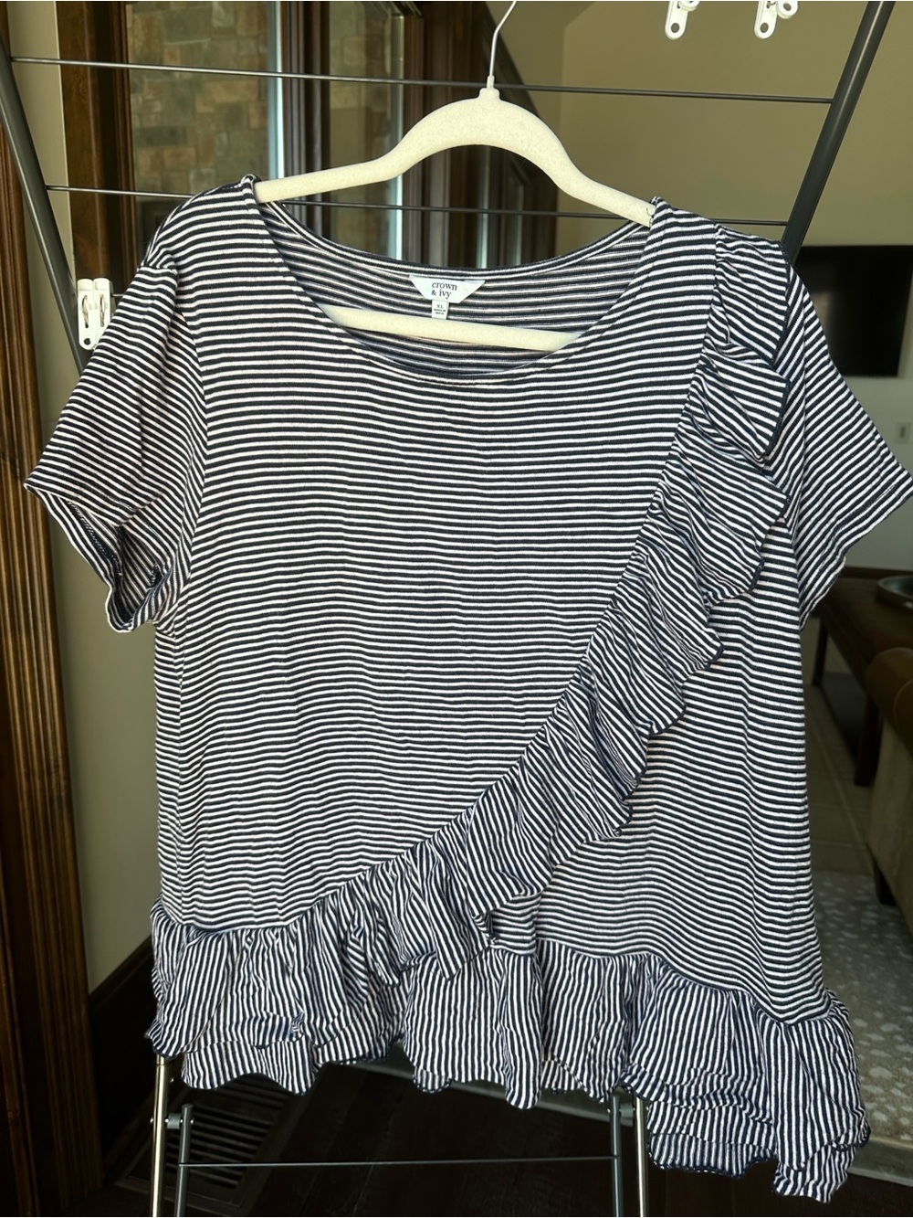 Striped Ruffle Short-Sleeve Top - black/White
